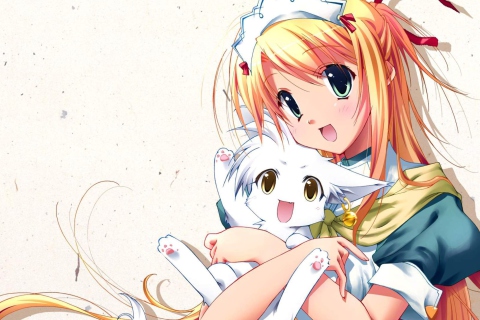 Das Girl Holding Kitty - Bukatsu Kikaku Wallpaper 480x320