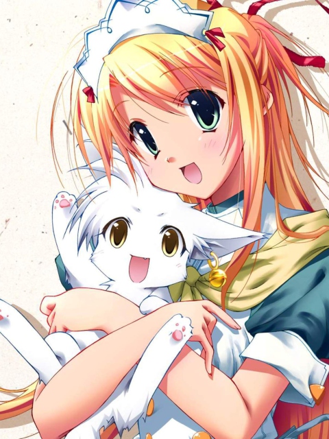 Das Girl Holding Kitty - Bukatsu Kikaku Wallpaper 480x640