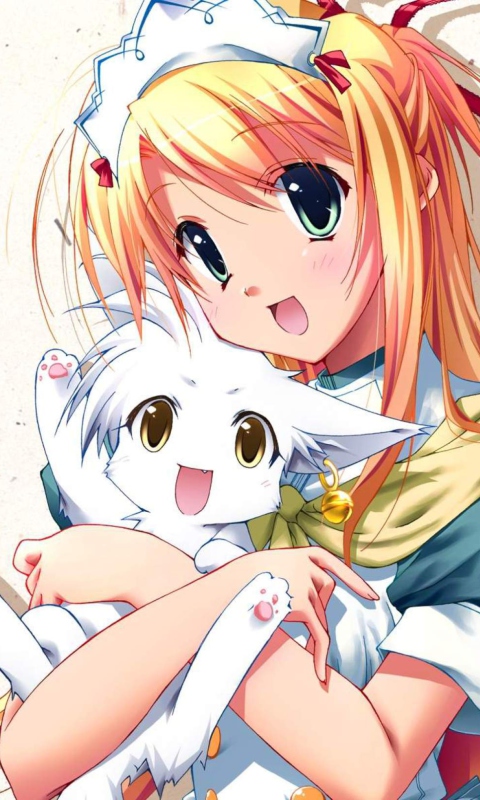 Das Girl Holding Kitty - Bukatsu Kikaku Wallpaper 480x800