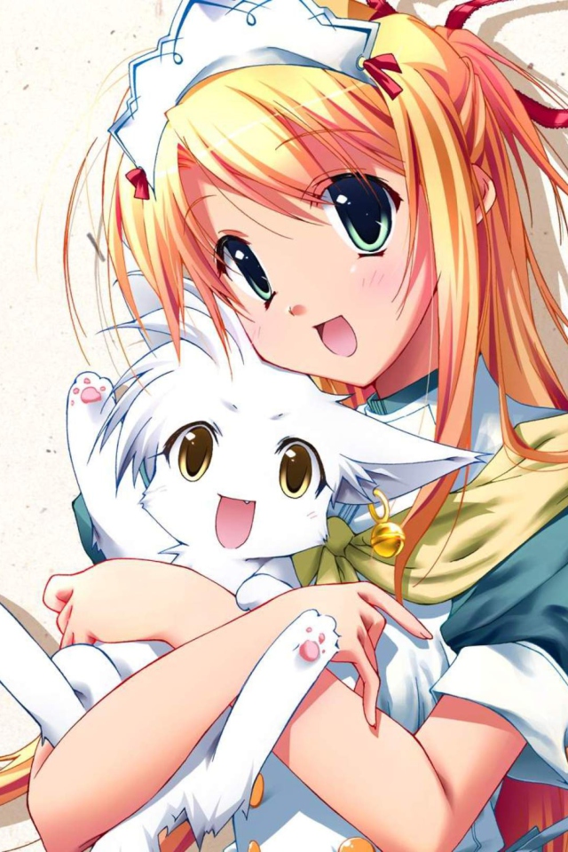 Fondo de pantalla Girl Holding Kitty - Bukatsu Kikaku 640x960