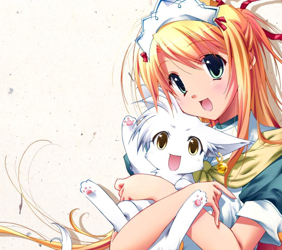 Das Girl Holding Kitty - Bukatsu Kikaku Wallpaper 960x854
