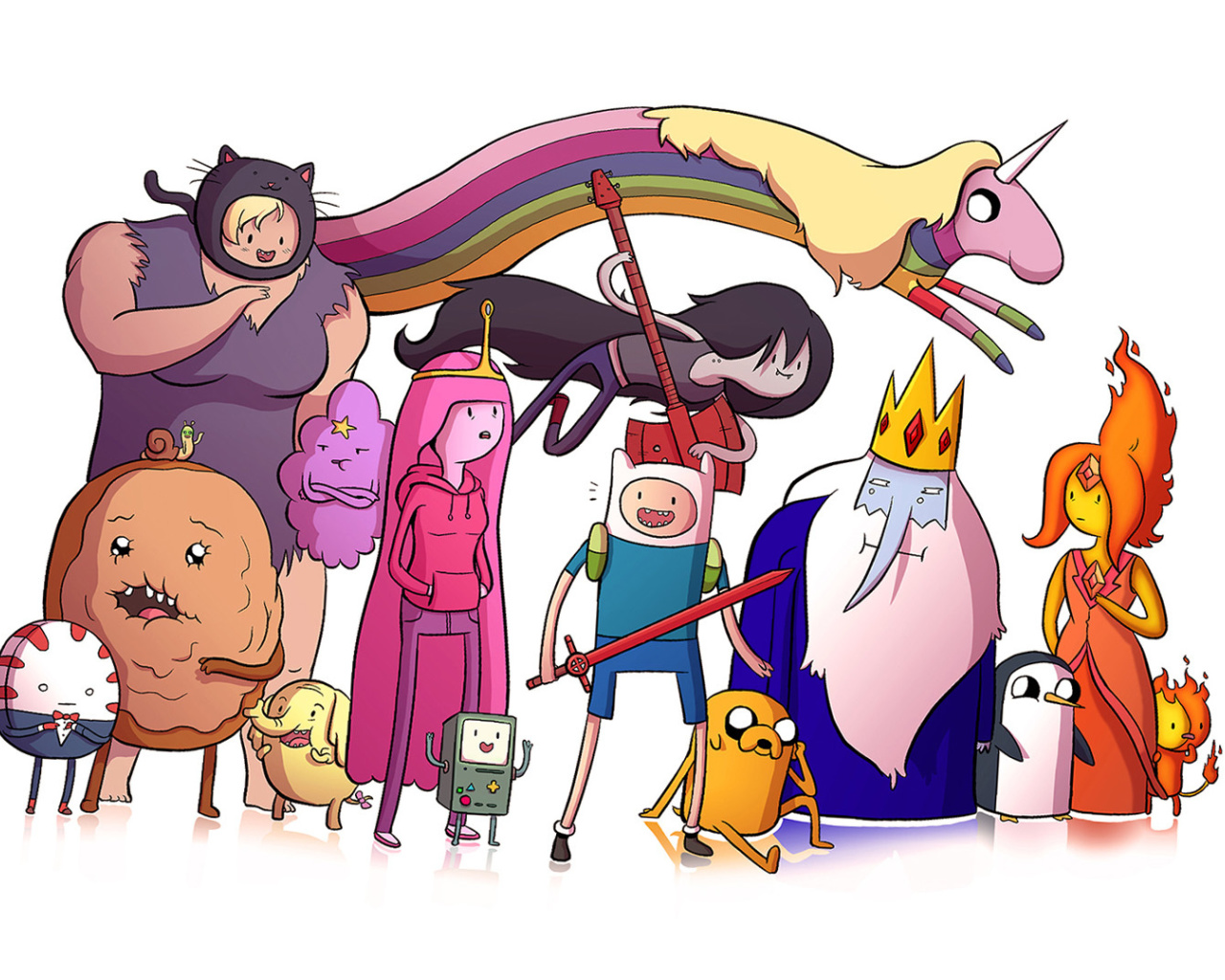 Fondo de pantalla Adventure time, finn the human, jake the dog, princess bubblegum, lady rainicorn, the ice king 1280x1024