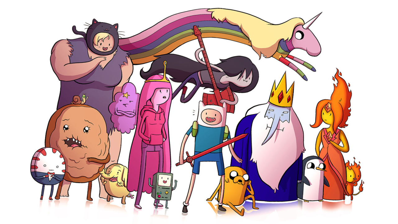 Fondo de pantalla Adventure time, finn the human, jake the dog, princess bubblegum, lady rainicorn, the ice king 1280x720