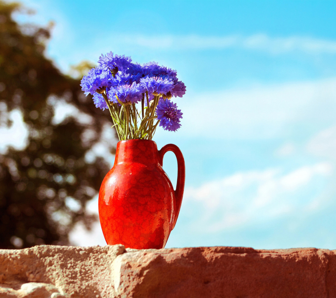 Das Blue Bouquet In Red Vase Wallpaper 1080x960