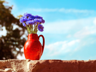 Das Blue Bouquet In Red Vase Wallpaper 320x240
