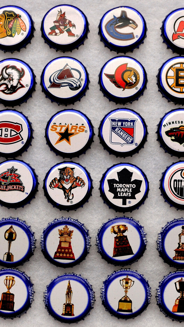 Fondo de pantalla Bottle caps with NHL Teams Logo 640x1136