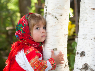 Обои Little Russian Girl And Birch Tree 320x240