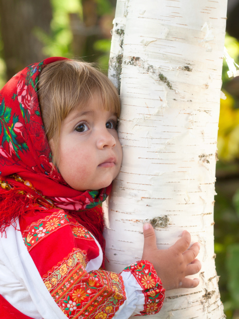 Обои Little Russian Girl And Birch Tree 480x640