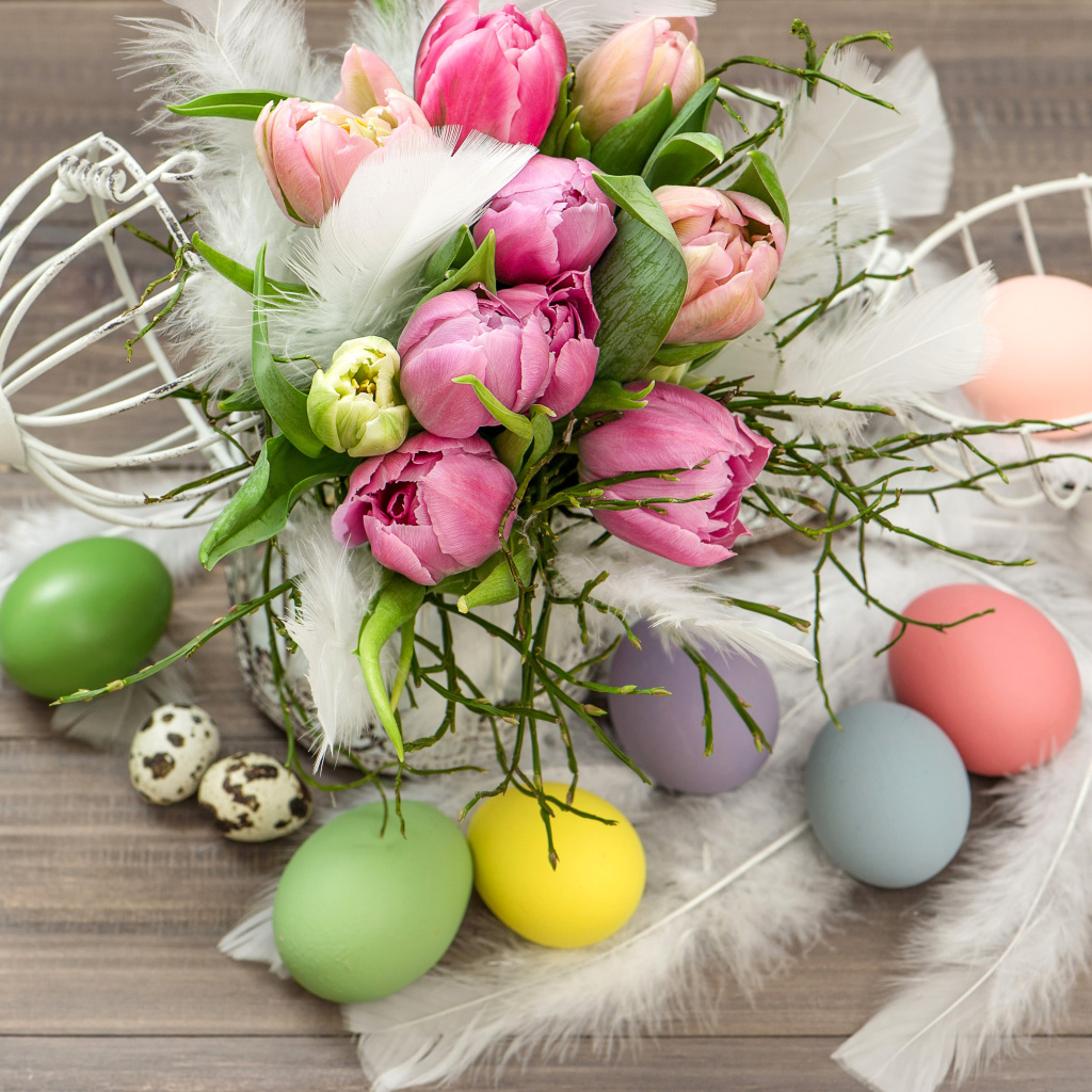 Fondo de pantalla Tulips and Easter Eggs 1024x1024