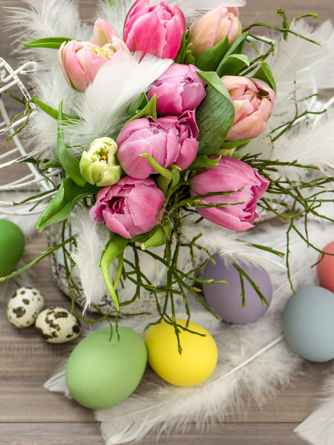 Обои Tulips and Easter Eggs 480x640