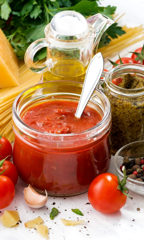 Lecho with tomatoes, spices and cheese wallpaper 480x800