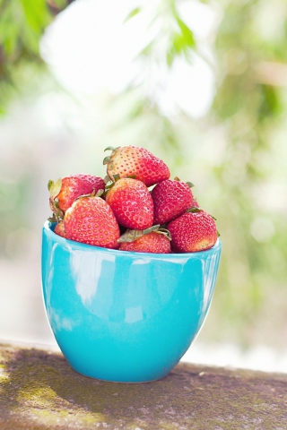 Sfondi Strawberries In Blue Cup 320x480