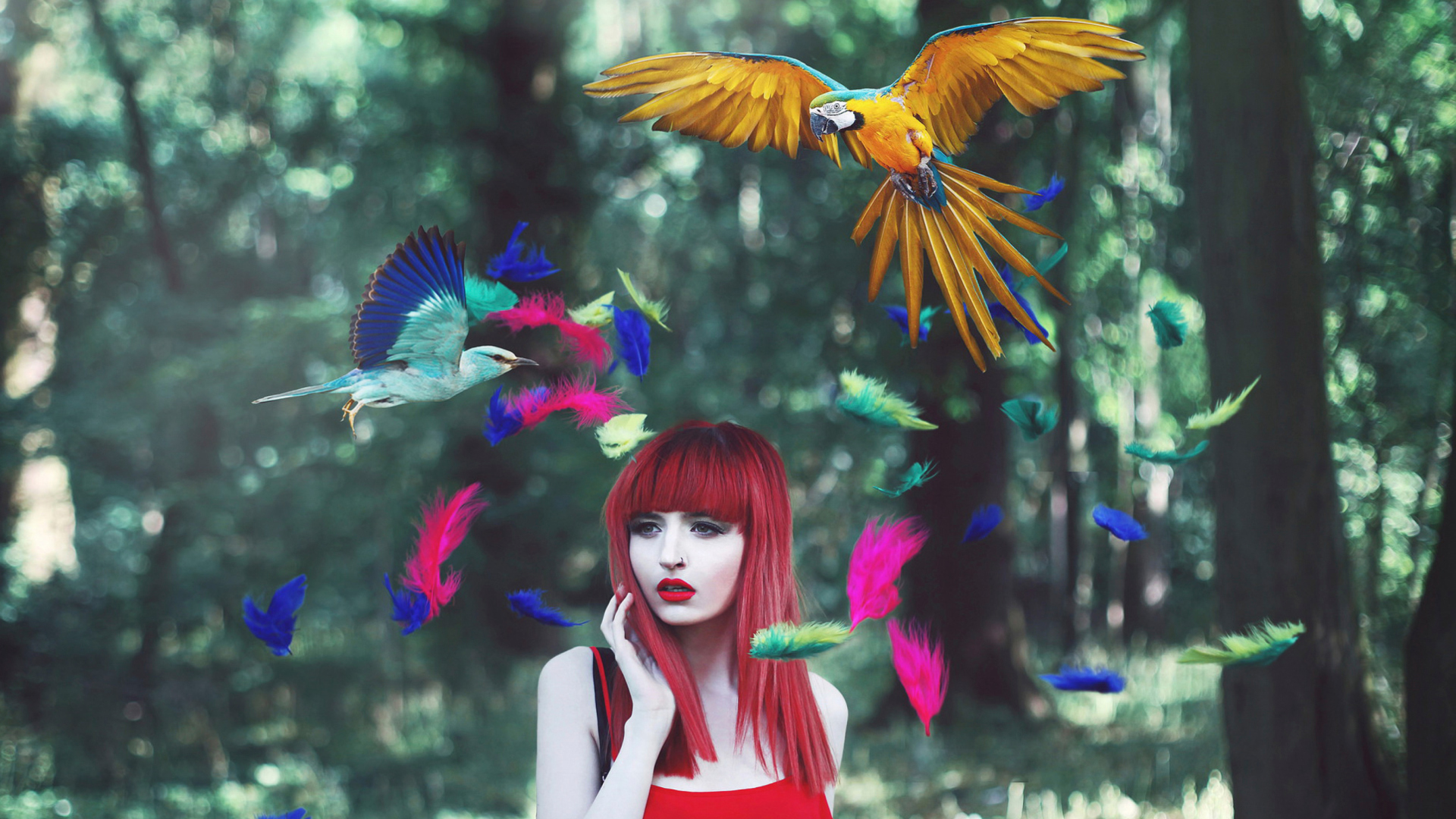 Screenshot №1 pro téma Girl, Birds And Feathers 1920x1080