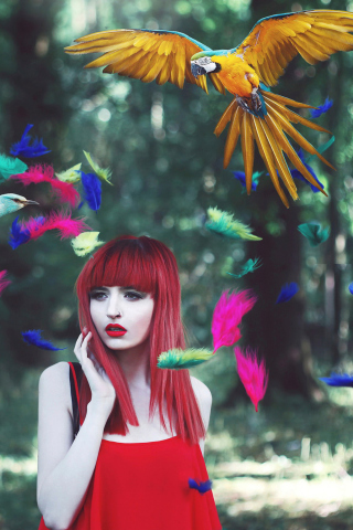 Girl, Birds And Feathers wallpaper 320x480