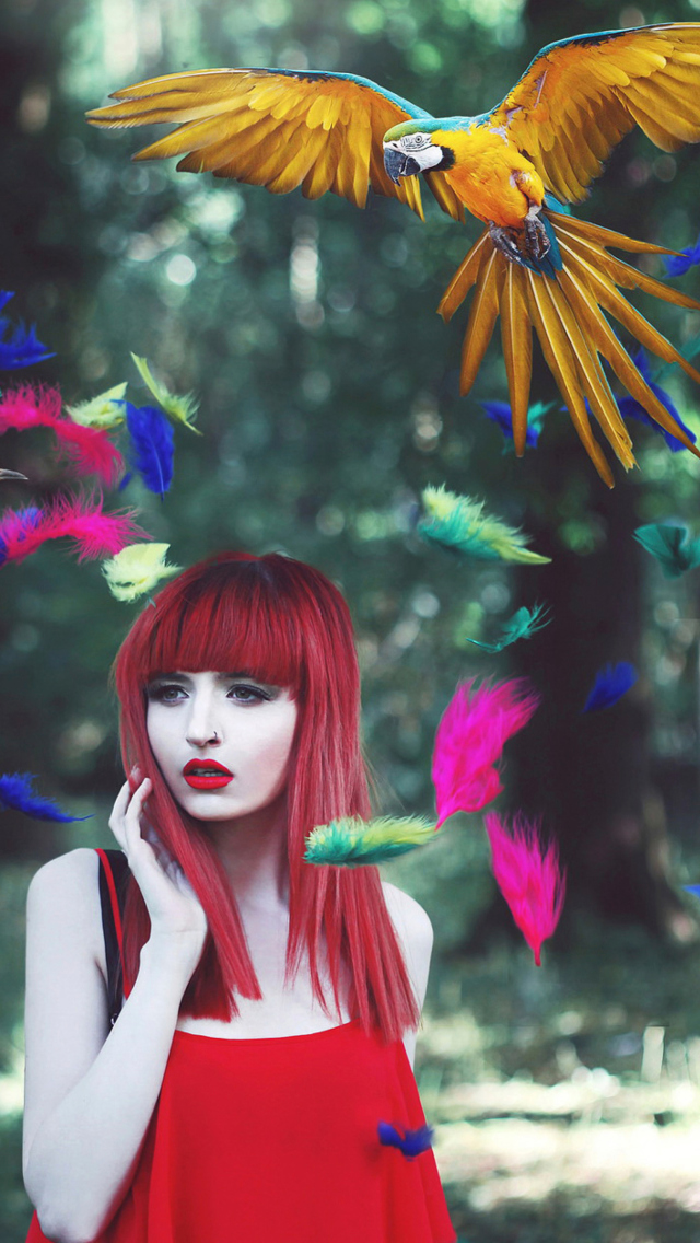 Girl, Birds And Feathers wallpaper 640x1136