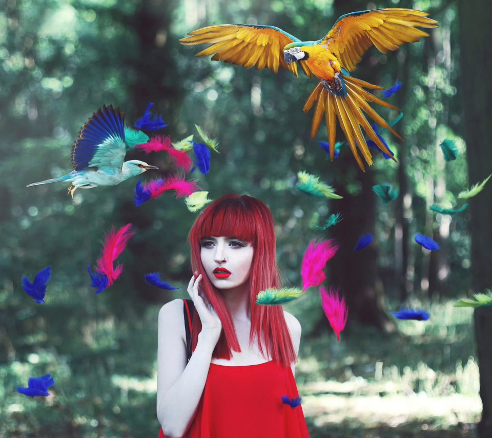 Girl, Birds And Feathers screenshot #1 960x854