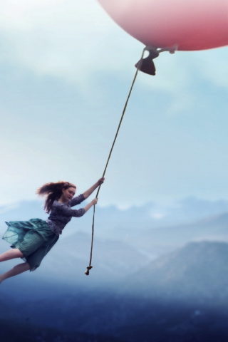 Das Girl Flying With Magic Balloon Wallpaper 320x480