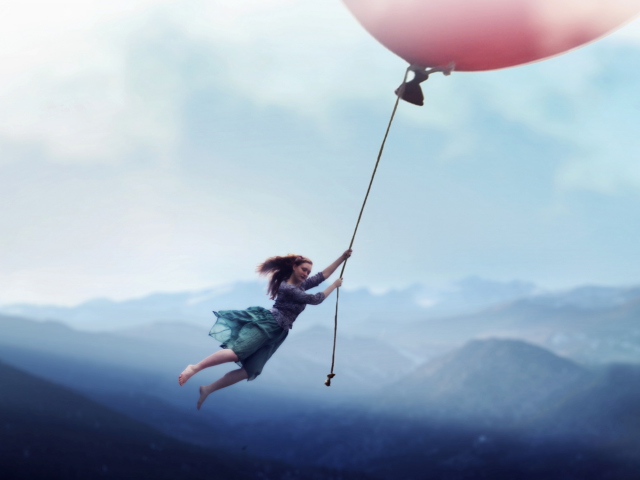 Das Girl Flying With Magic Balloon Wallpaper 640x480