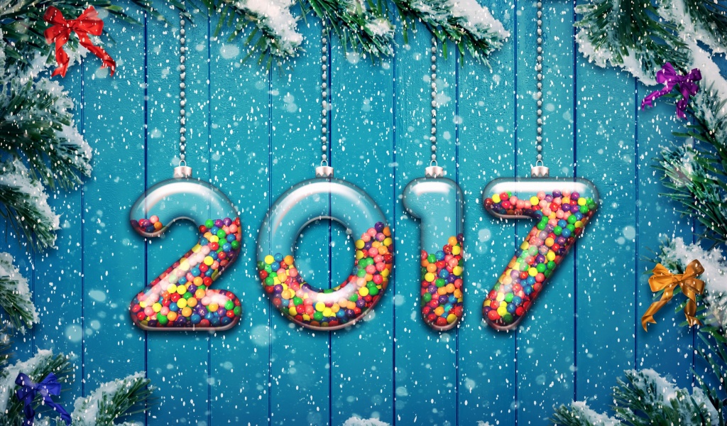 Das Happy New Year 2017 on Snowfall Texture Wallpaper 1024x600