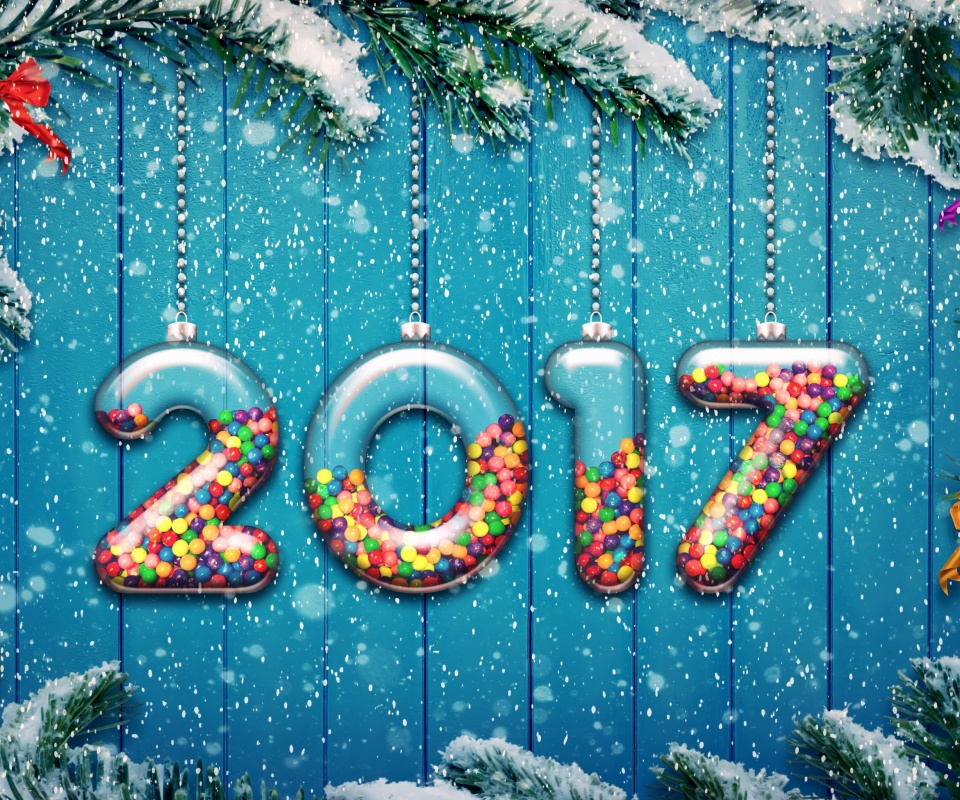 Das Happy New Year 2017 on Snowfall Texture Wallpaper 960x800