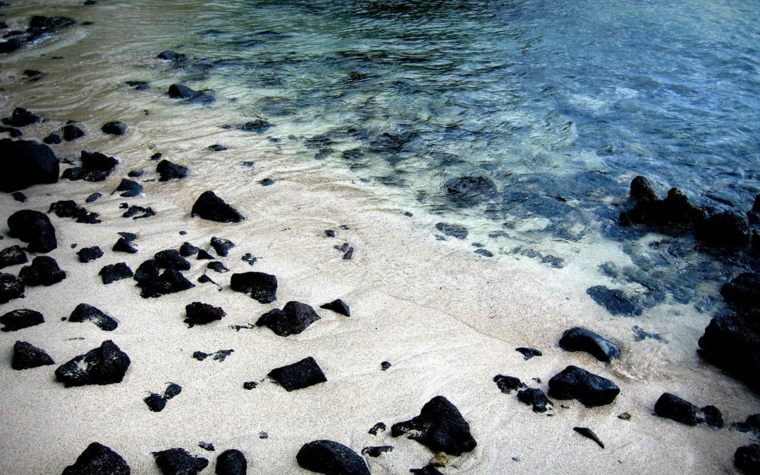 Fondo de pantalla Black Stones On White Sand Beach 2560x1600