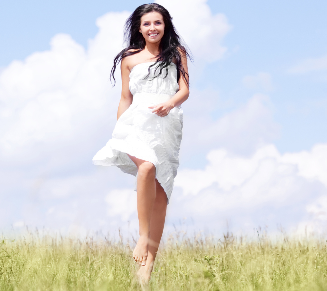Happy Girl In White Dress In Field wallpaper 1080x960