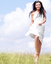 Happy Girl In White Dress In Field wallpaper 176x220