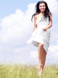 Happy Girl In White Dress In Field wallpaper 240x320