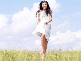 Happy Girl In White Dress In Field wallpaper 320x240
