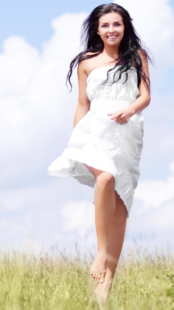 Happy Girl In White Dress In Field wallpaper 360x640