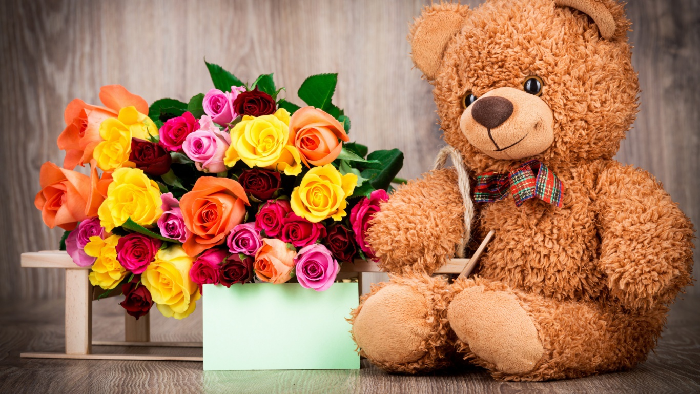 Fondo de pantalla Valentines Day Teddy Bear with Gift 1366x768