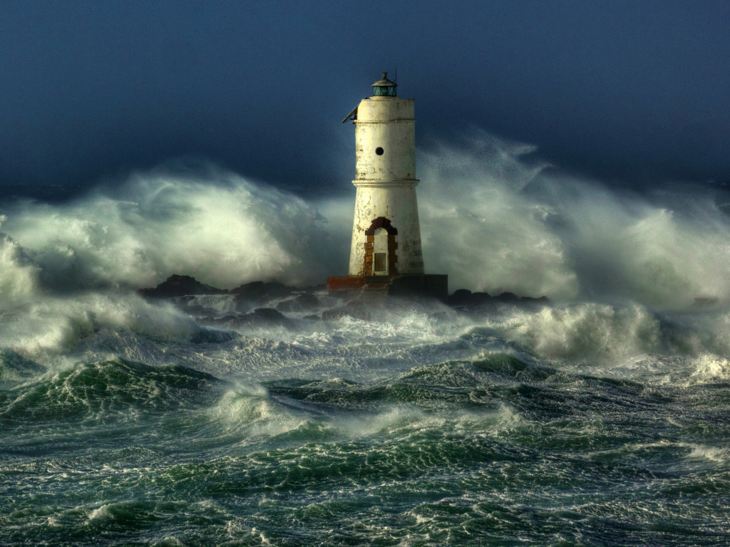 Ocean Storm And Lonely Lighthouse wallpaper 1024x768