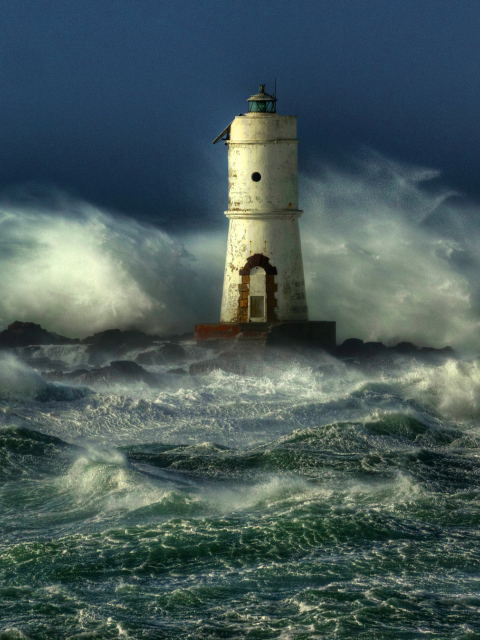 Ocean Storm And Lonely Lighthouse wallpaper 480x640