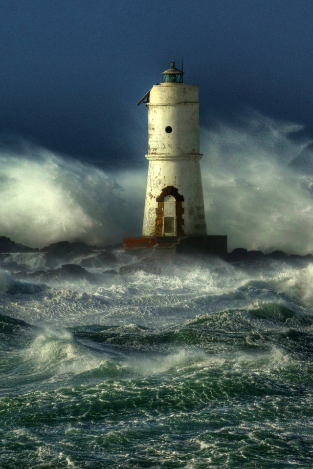 Ocean Storm And Lonely Lighthouse wallpaper 640x960