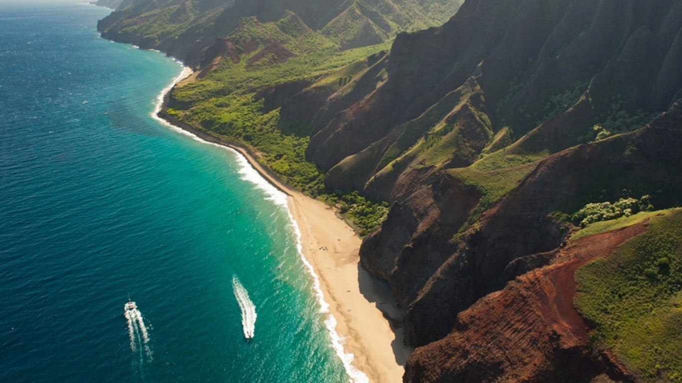 Fondo de pantalla Cliffs Ocean Kauai Beach Hawai 1366x768