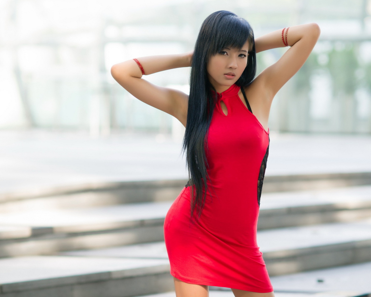 Asian Girl In Red Dress wallpaper 1280x1024