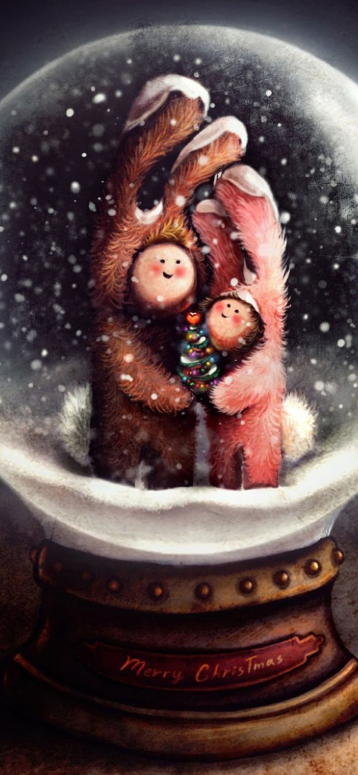 Обои Christmas Bunnies In Snow Ball 1170x2532