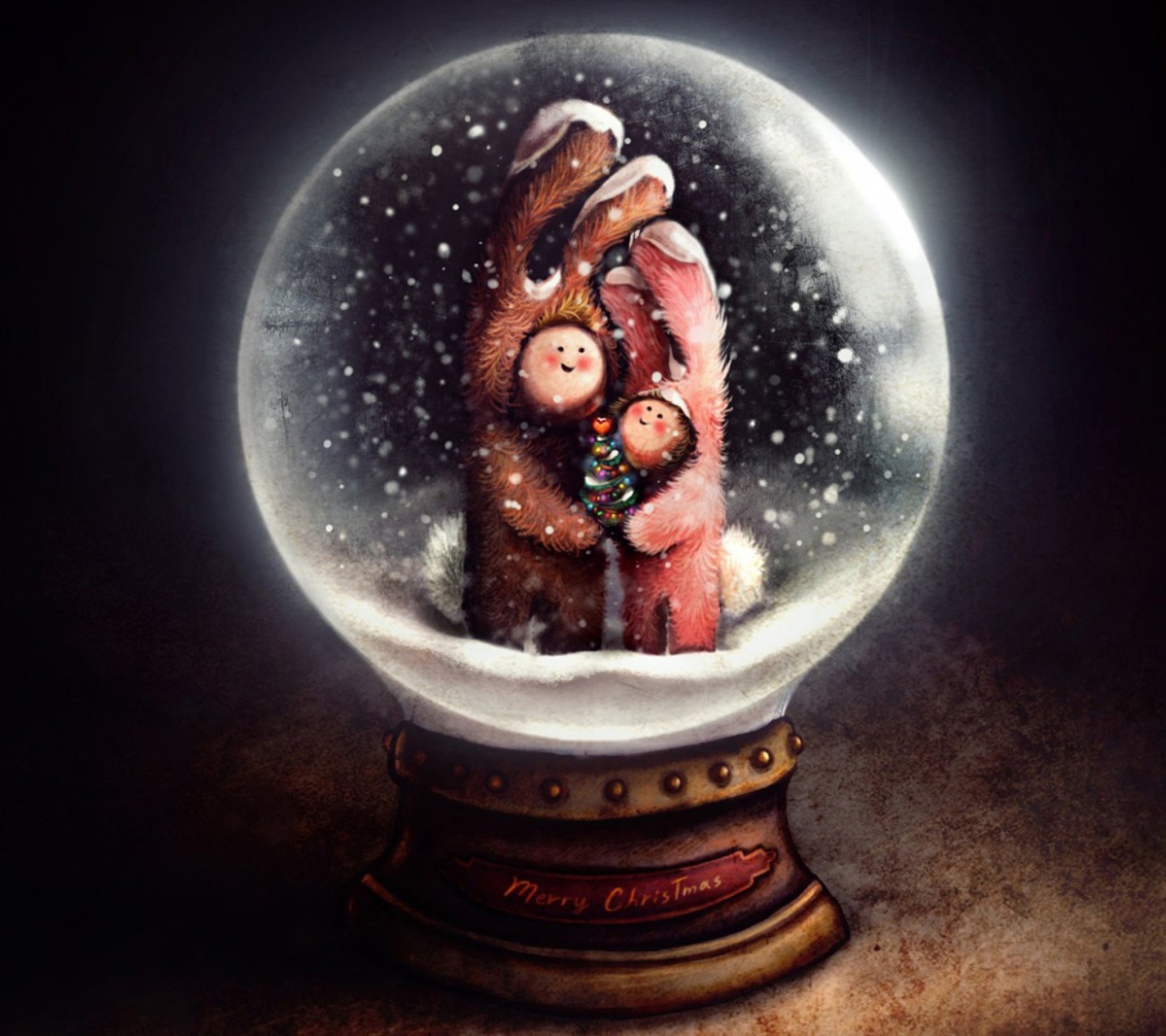 Обои Christmas Bunnies In Snow Ball 1440x1280