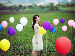Das Girl And Colorful Balloons Wallpaper 320x240