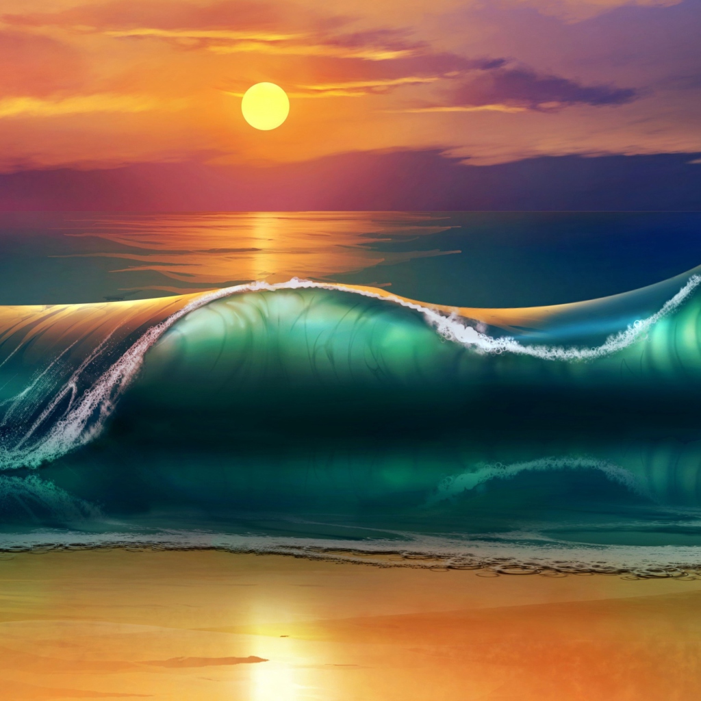 Fondo de pantalla Sunset Over Ocean Waves Painting 1024x1024