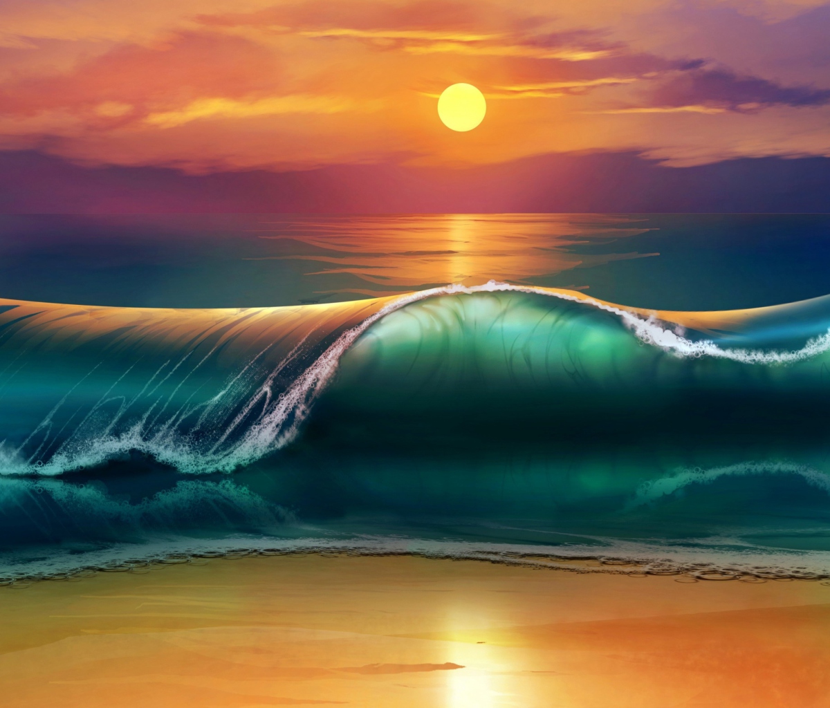 Обои Sunset Over Ocean Waves Painting 1200x1024