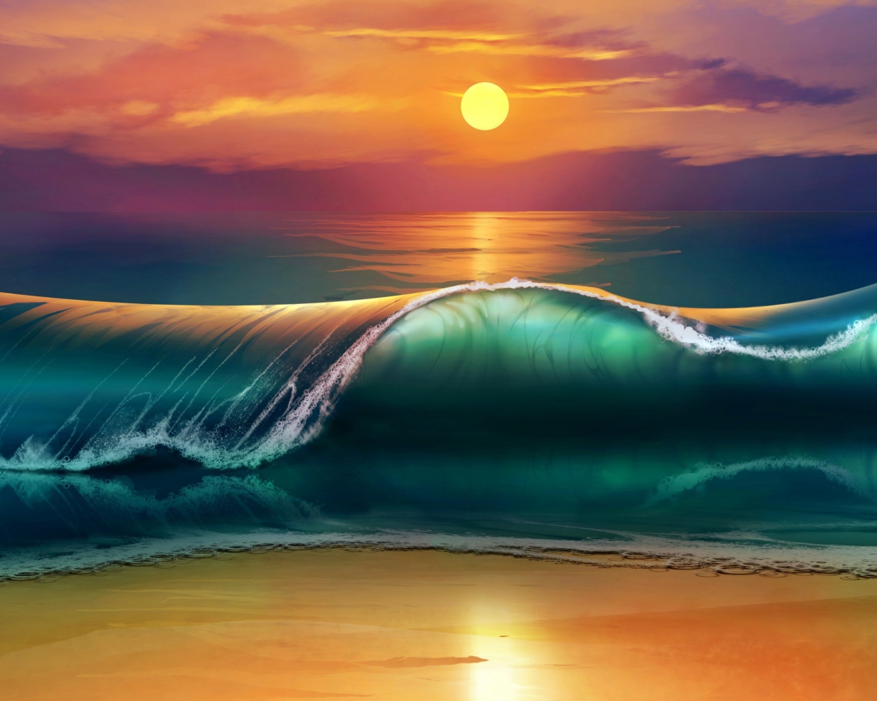 Sfondi Sunset Over Ocean Waves Painting 1280x1024