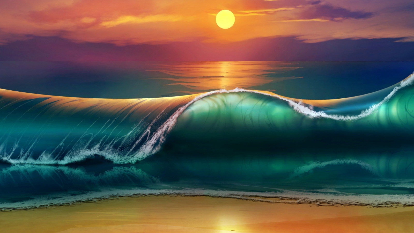 Fondo de pantalla Sunset Over Ocean Waves Painting 1600x900