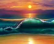 Fondo de pantalla Sunset Over Ocean Waves Painting 176x144