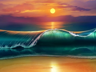 Das Sunset Over Ocean Waves Painting Wallpaper 320x240