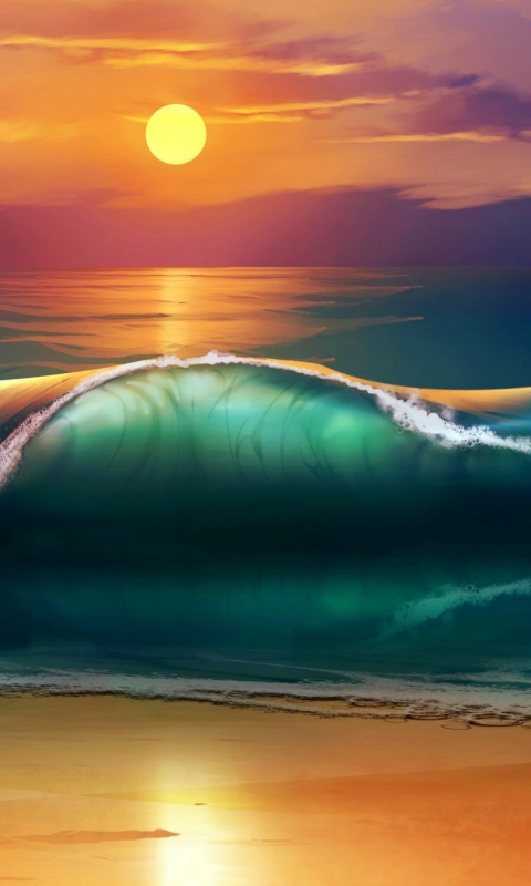 Das Sunset Over Ocean Waves Painting Wallpaper 480x800