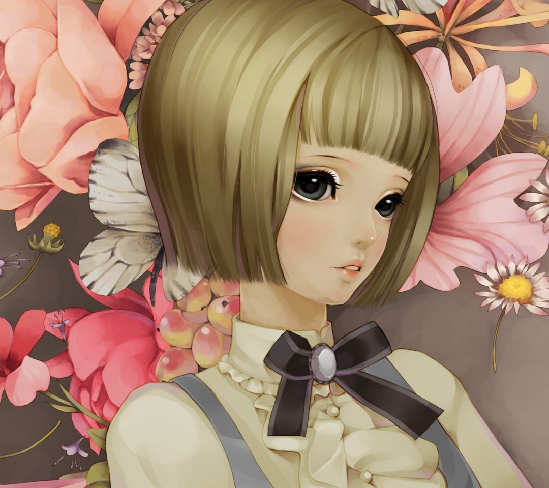 Обои Anime Style Girl And Pink Flowers 1080x960