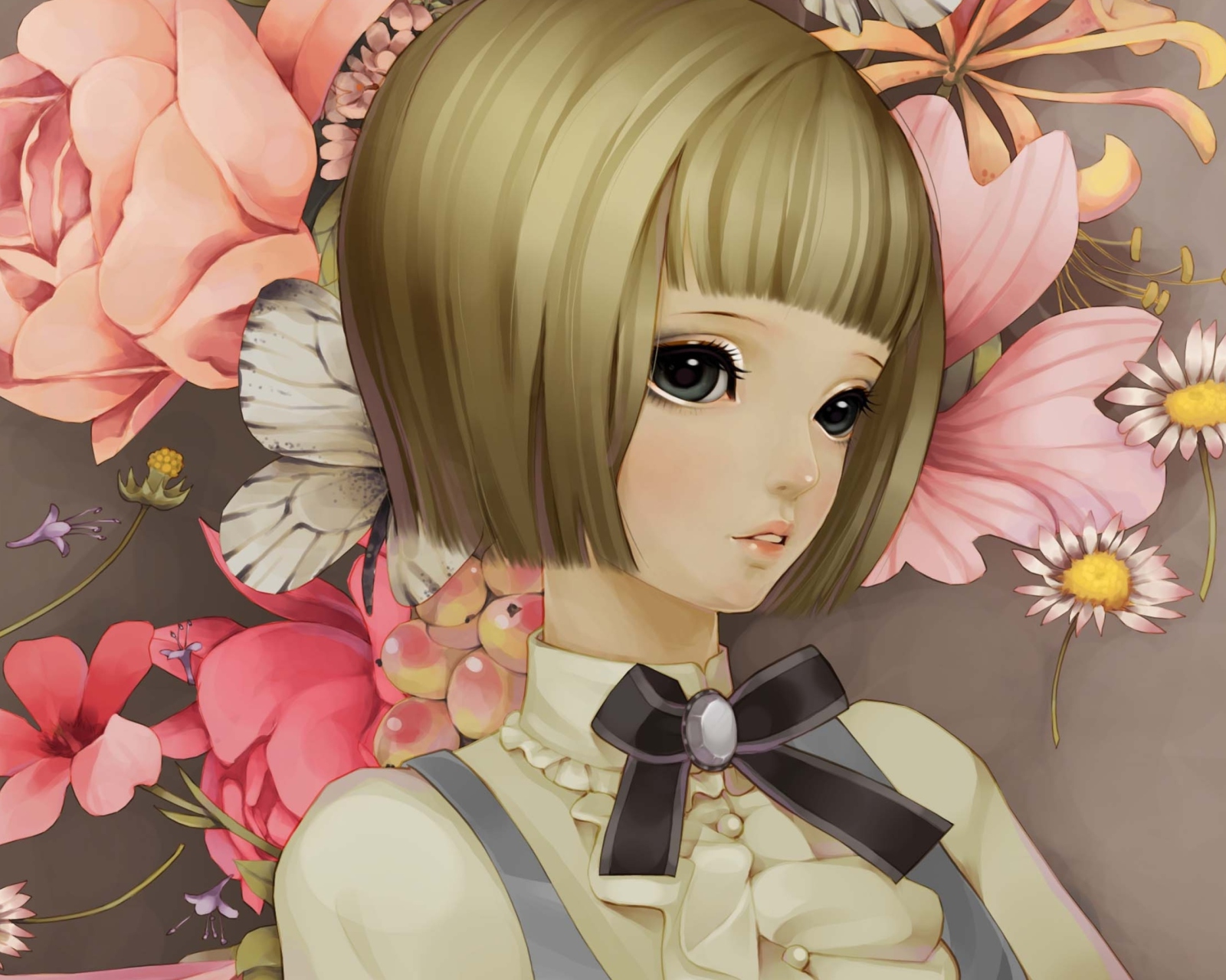 Обои Anime Style Girl And Pink Flowers 1600x1280