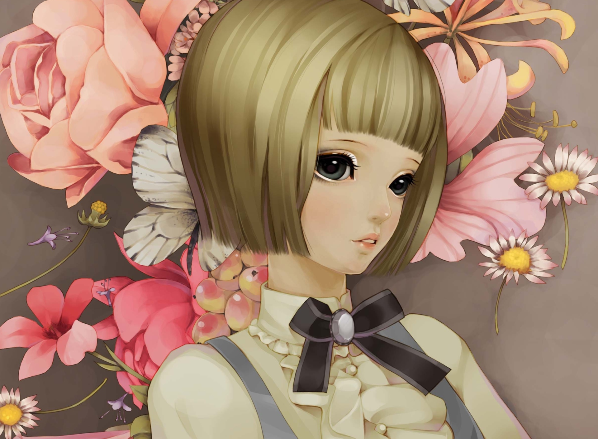 Обои Anime Style Girl And Pink Flowers 1920x1408