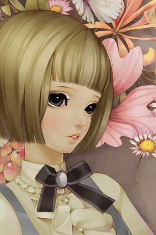 Anime Style Girl And Pink Flowers wallpaper 320x480